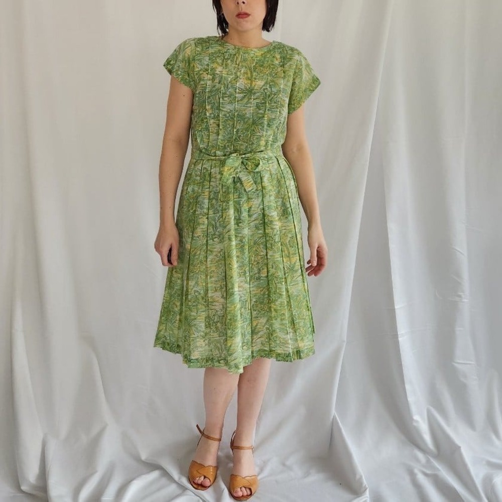 50s/60s Green and Yellow Novelty Print Dress